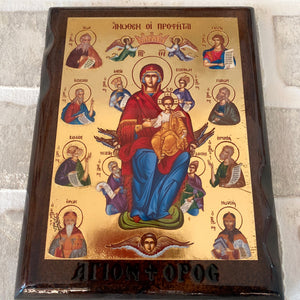 ICÔNE EN BOIS DE LA PANAGIA AVEC DES PROPHÈTES ICÔNE EN BOIS DE LA PANAGIA AVEC DES PROPHÈTES