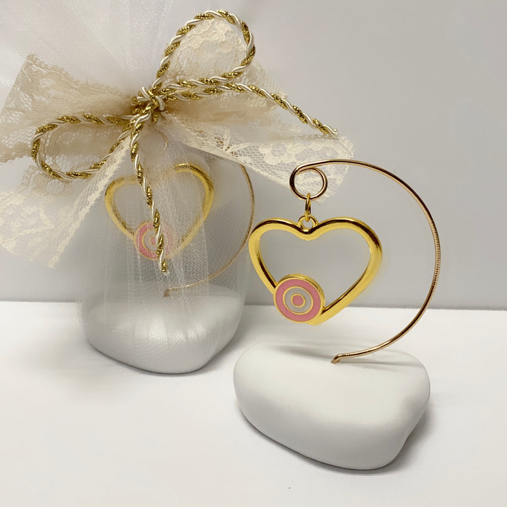 BAPTISM/WEDDING FAVOR HEART WITH PINK EYE STAND  (25 PIECES)