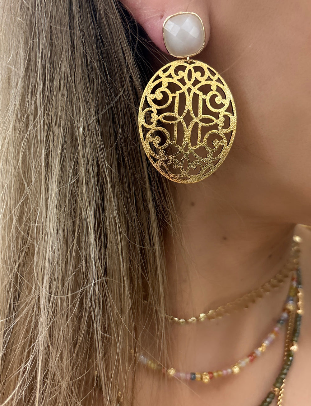 CAT'S EYE FILIGREE STATEMENT EARRINGS