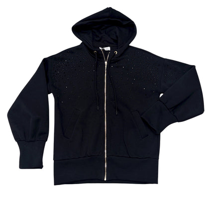 Sweat à capuche noir zippé à strass