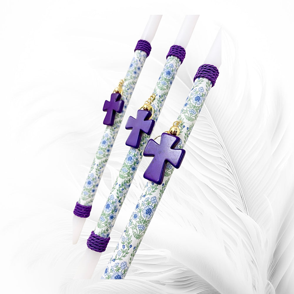 PORTE-CLÉS CROIX EN PIERRE PRÉCIEUSE BOUGIE DE PÂQUES - VIOLET