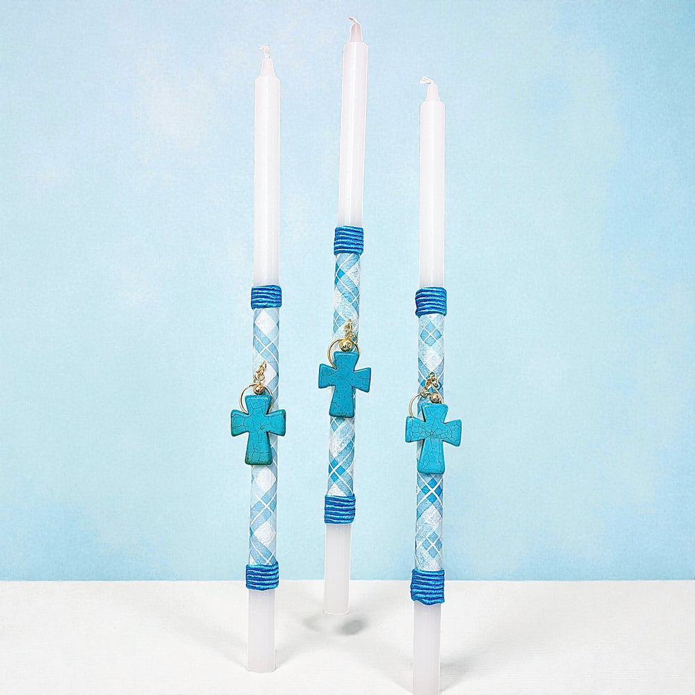 PORTE-CLÉS CROIX EN PIERRE PRÉCIEUSE BOUGIE DE PÂQUES - TURQUOISE