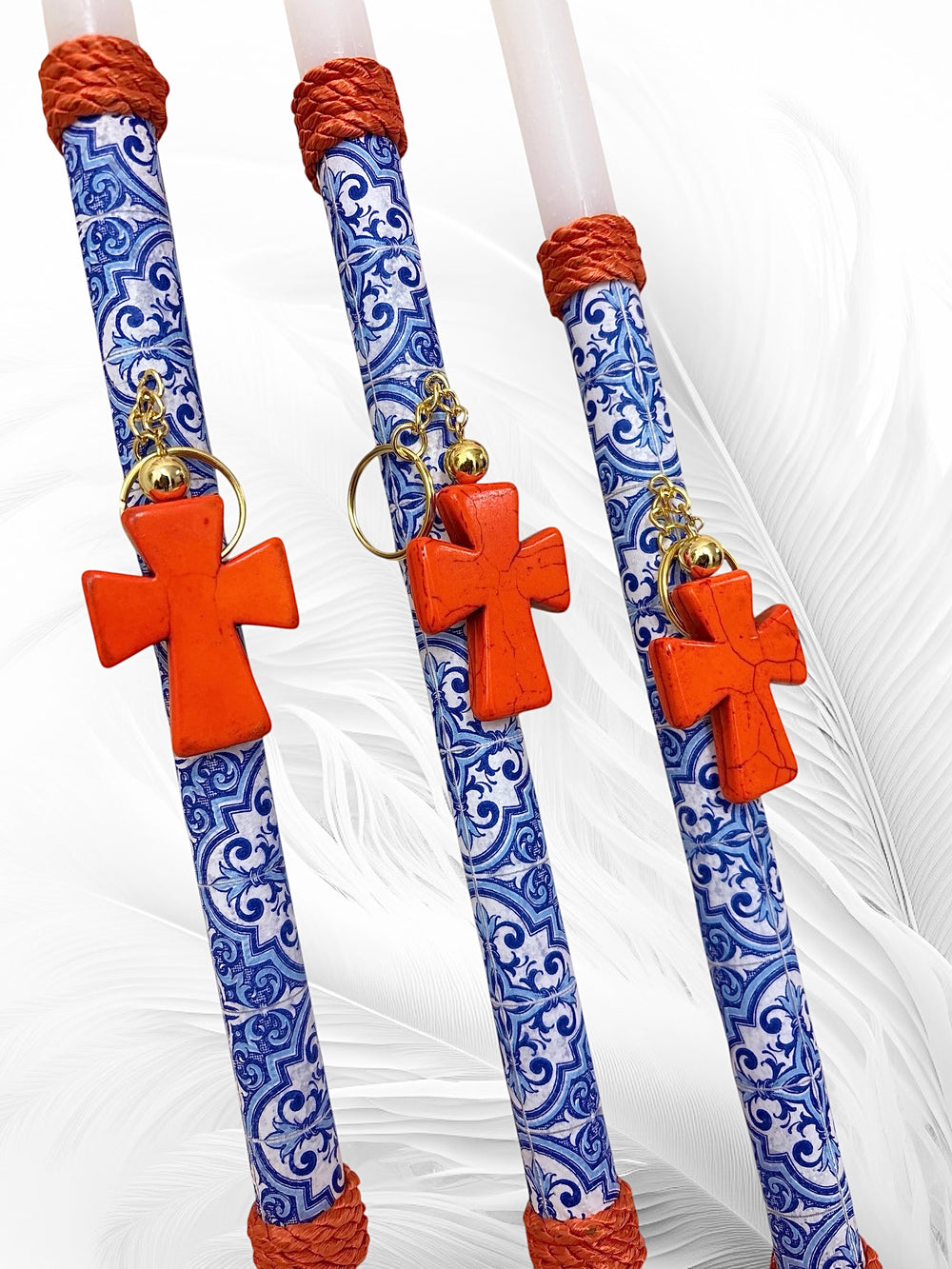 PORTE-CLÉS CROIX EN PIERRE PRÉCIEUSE BOUGIE DE PÂQUES - ORANGE