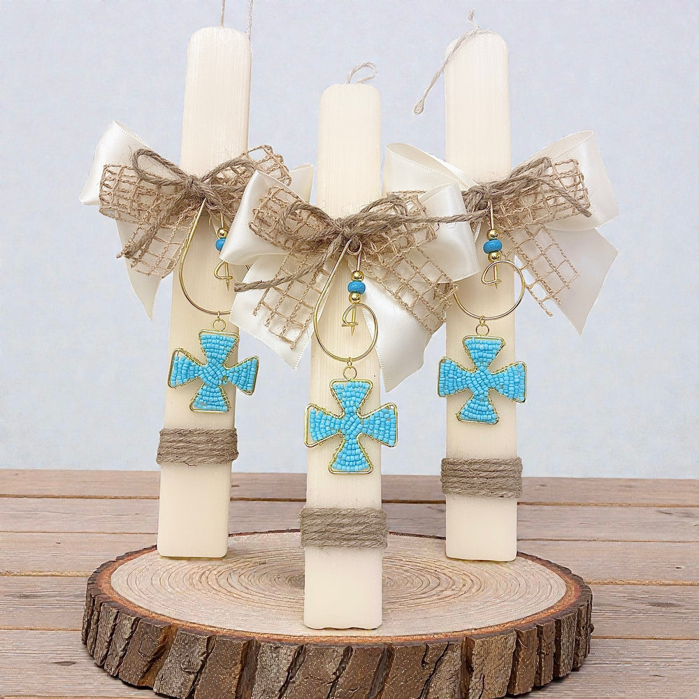 BEADED CROSS PIN EASTER CANDLE- BLUE