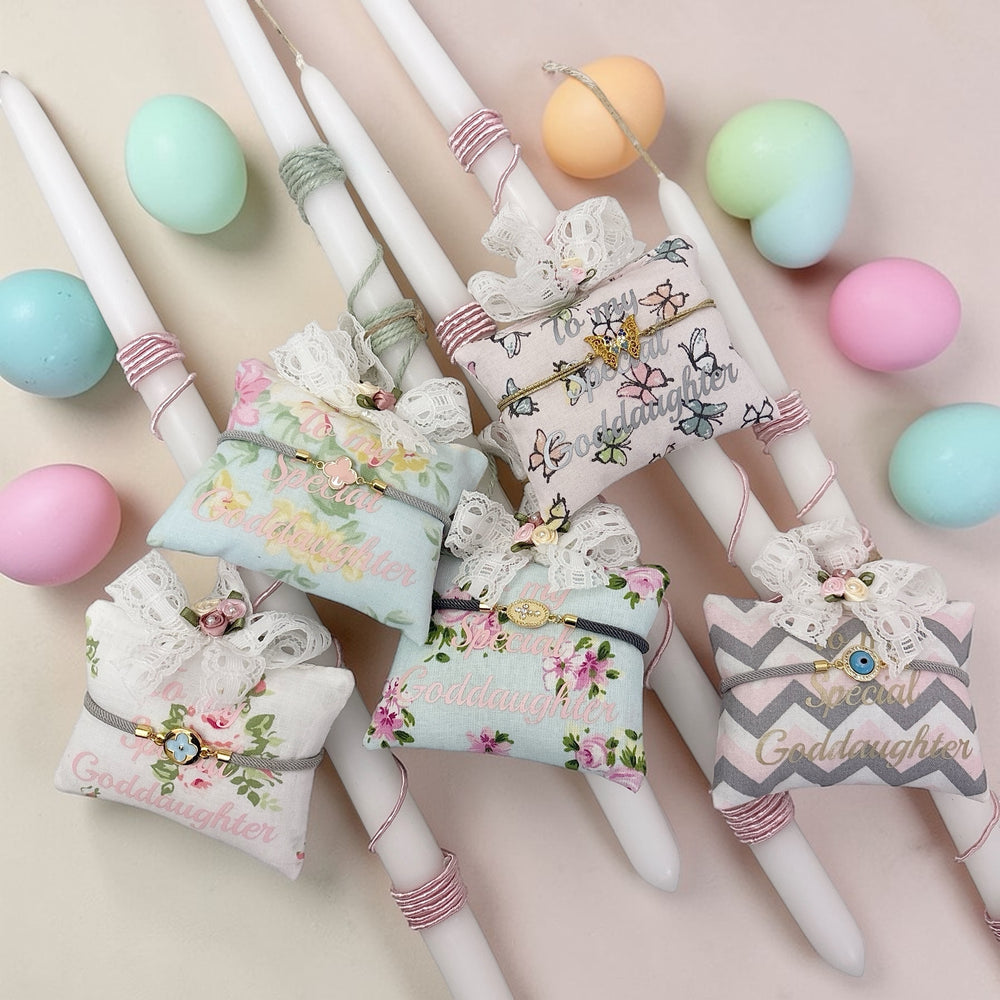 SPECIAL GODDAUGHTER PILLOW WITH BRACELET EASTER CANDLES