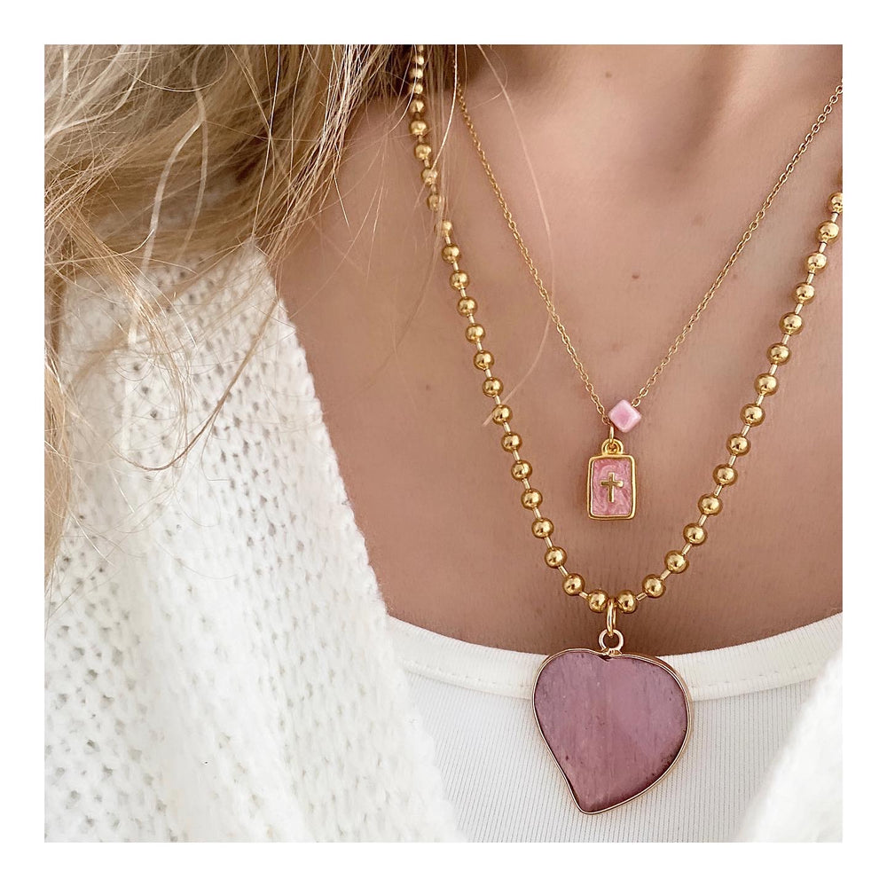 COLLIER ET CROIX COEUR ROSE AGAPI