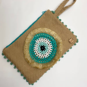 CROCHET TURQUOISE AND WHITE EVIL EYE CLUTCH - NAOMI