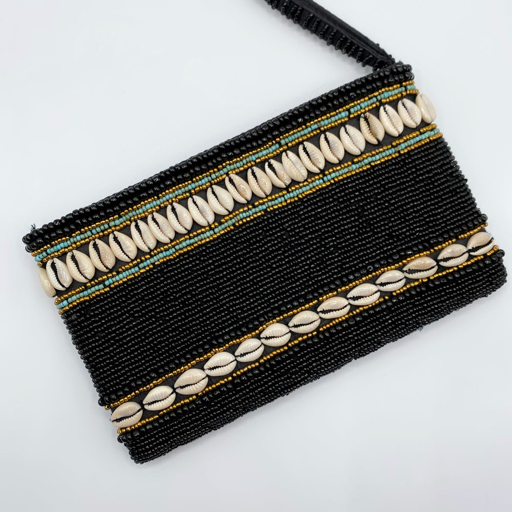 PORTEFEUILLE-POCHETTE EN PERLES SHELLY NOIR