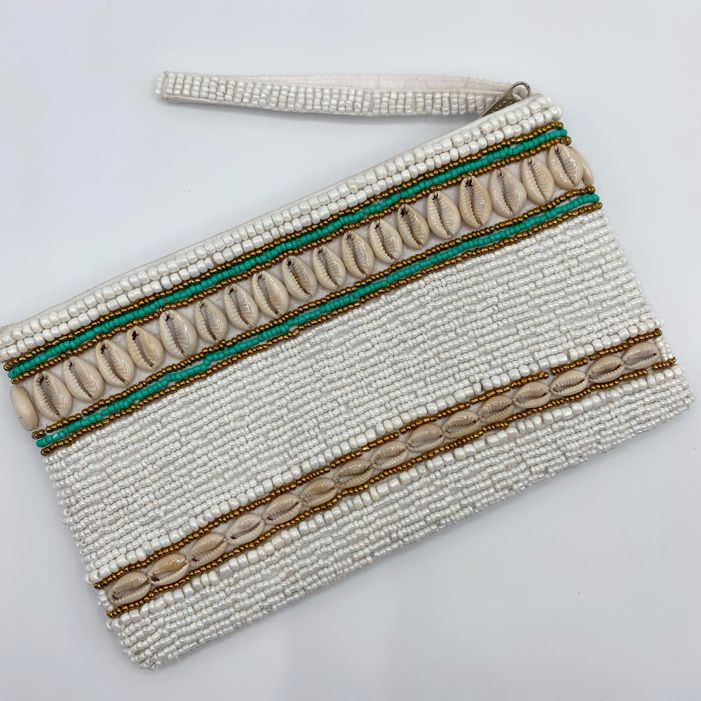 PORTEFEUILLE-POCHETTE EN PERLES SHELLY BLANC