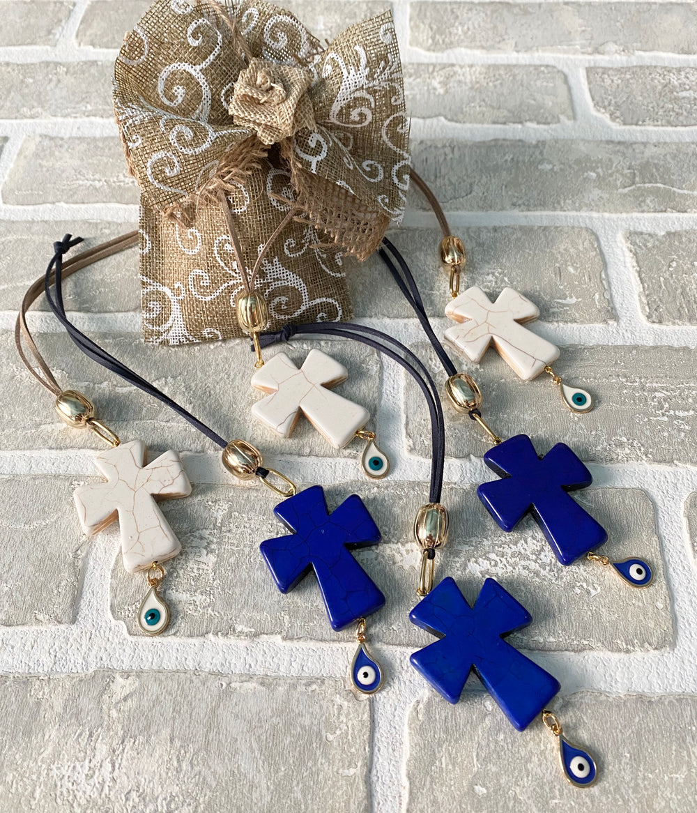 BAPTISM FAVOR GEMSTONE CROSS WITH EVIL EYE CHARM