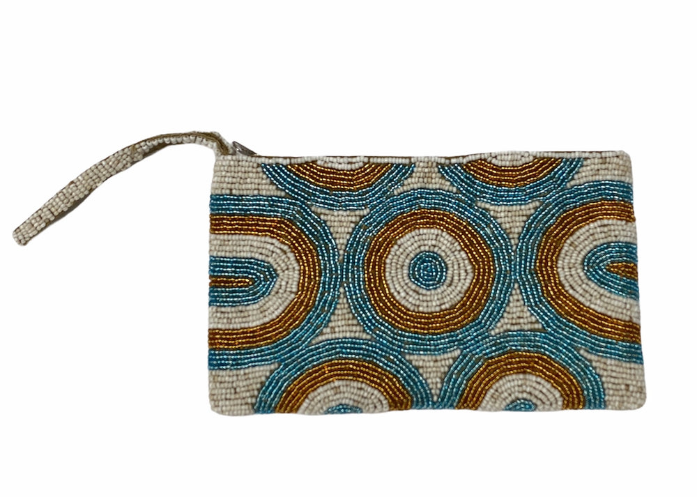 PORTEFEUILLE-POCHETTE EN PERLES MATAKIA - BLEU MARRON