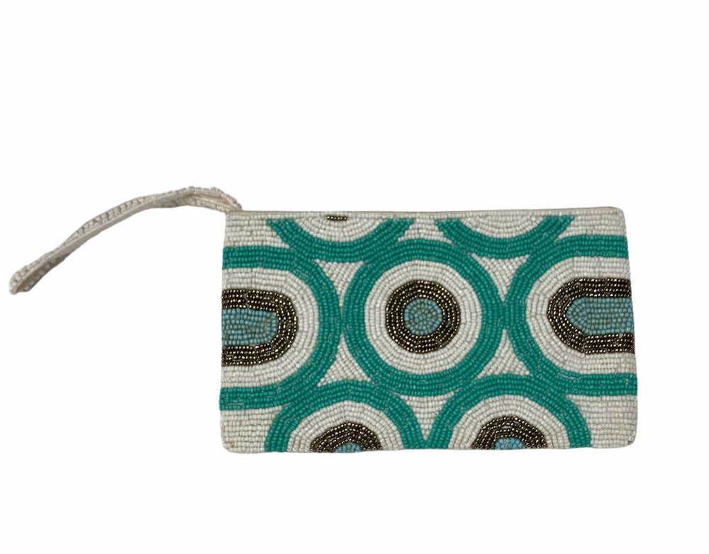 PORTEFEUILLE-POCHETTE EN PERLES MATAKIA - BLANC TURQUOISE